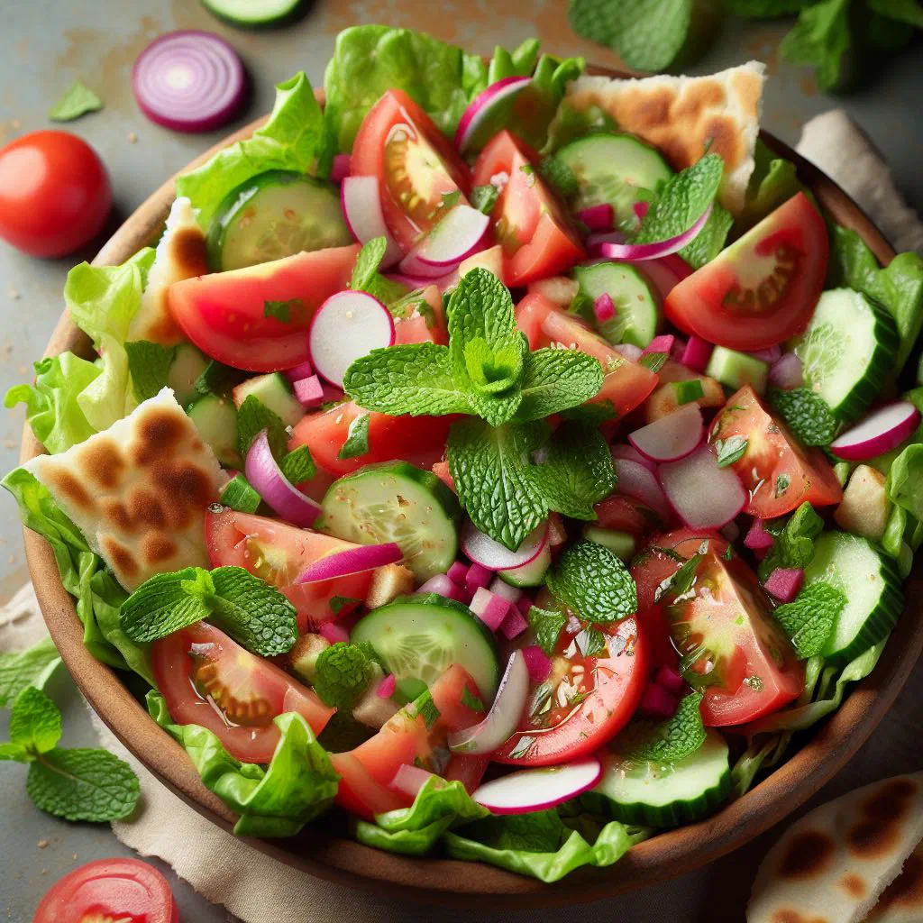 Fattoush salad with crisp flatbread, tomato, cucumber and fresh herbs