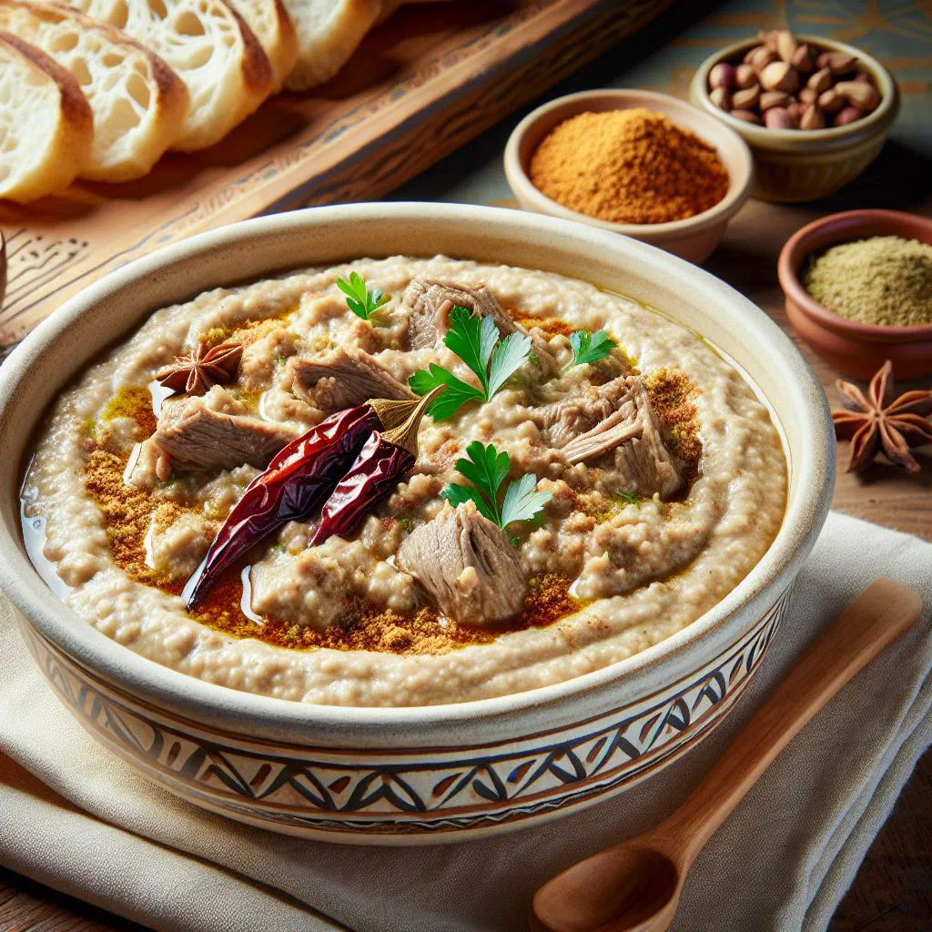 Creamy Harees Bil Laham topped with clarified butter in a bowl