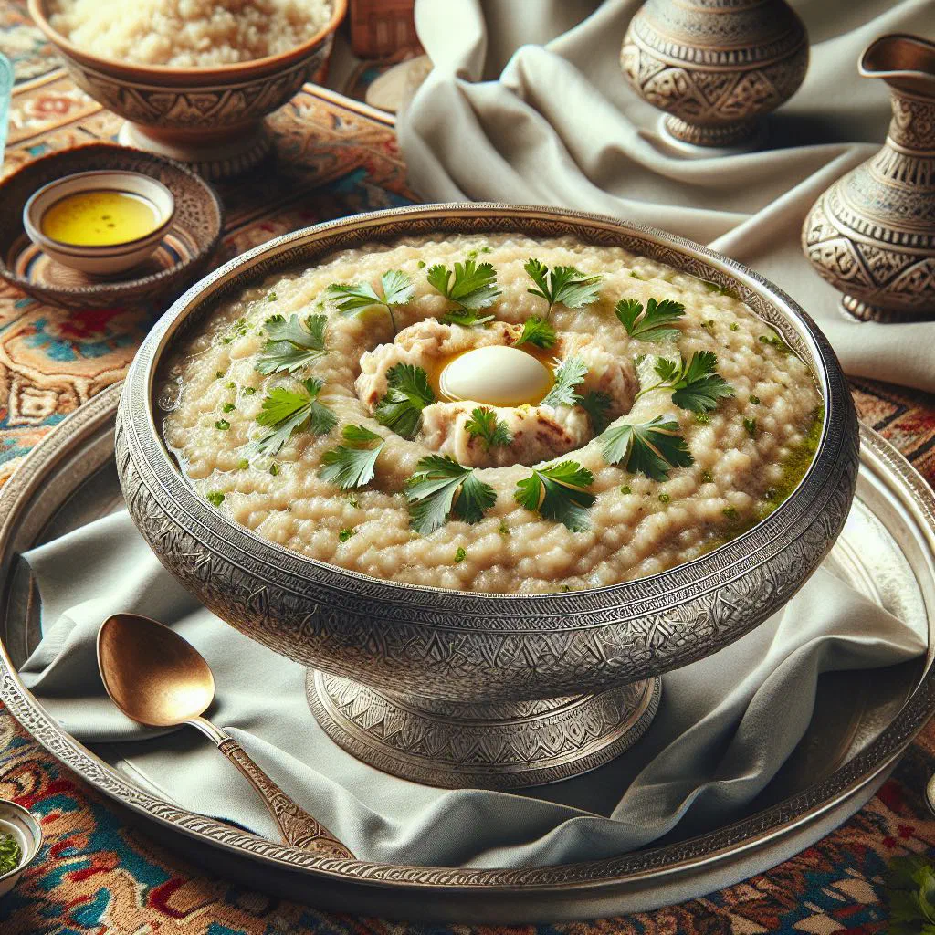 Bowl of creamy harees topped with melted ghee
