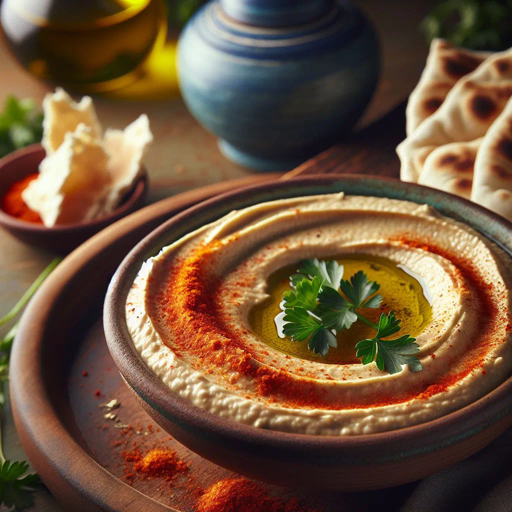 Creamy hummus in a bowl drizzled with olive oil and paprika