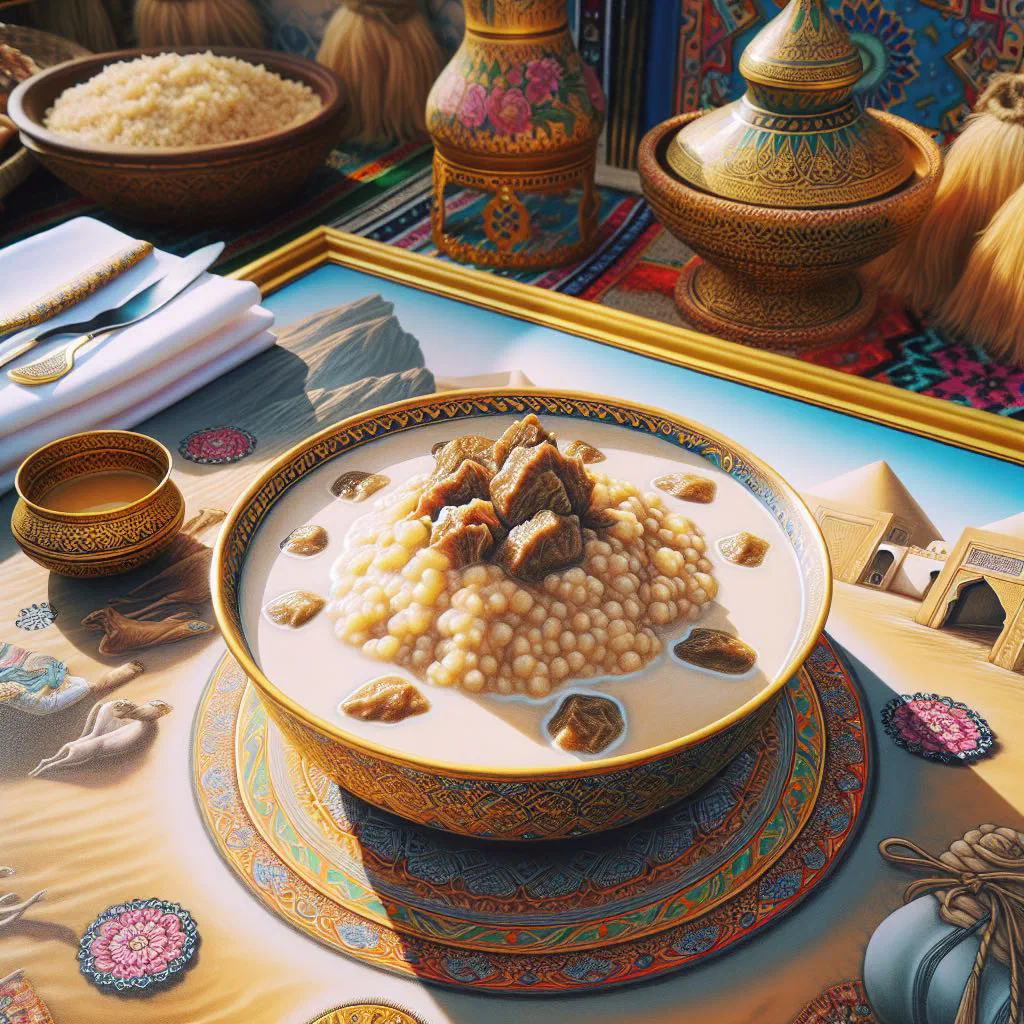 A bowl of Jareesh, creamy cracked wheat cooked with tender meat and garnished with herbs