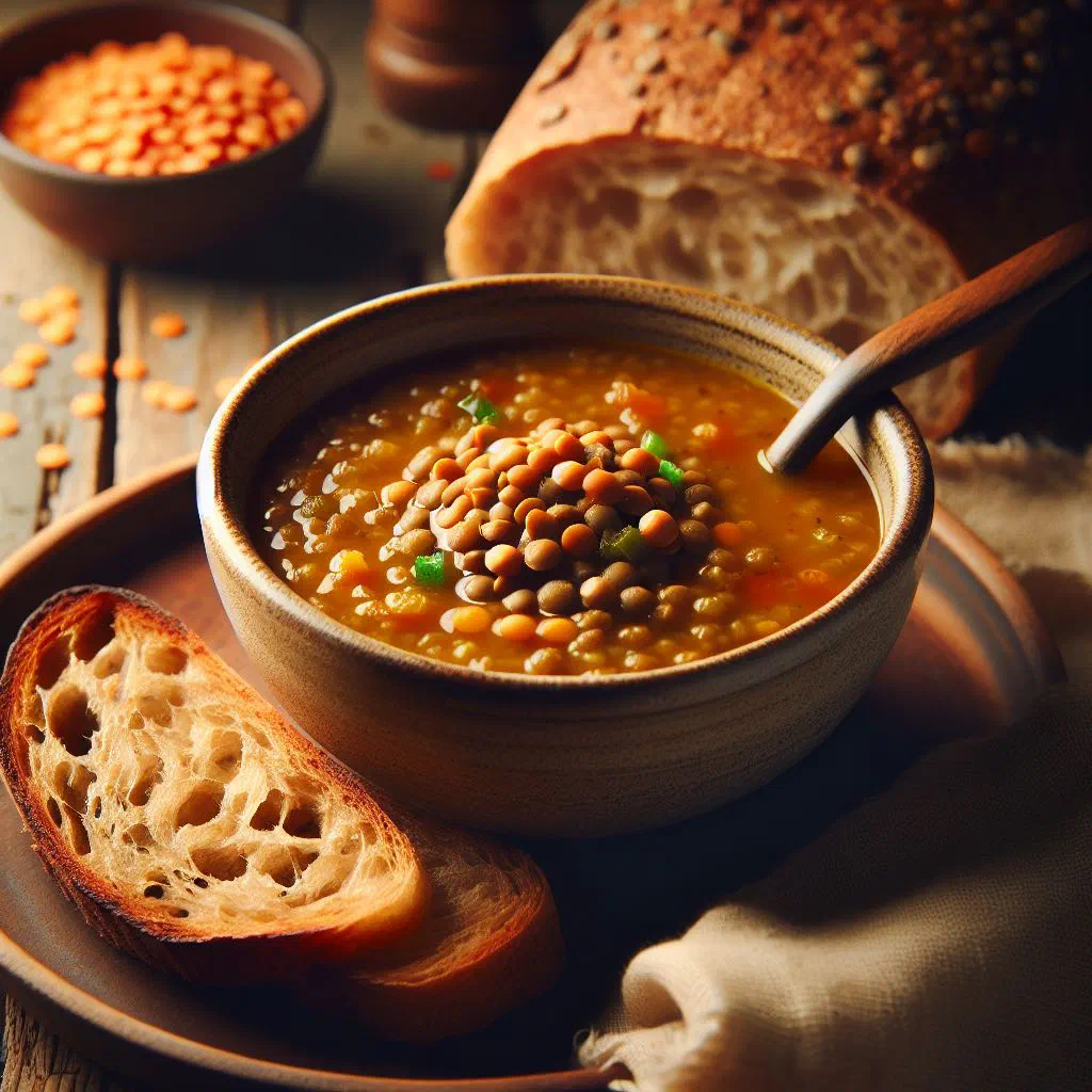 A bowl of Qatari red lentil soup garnished with fresh parsley