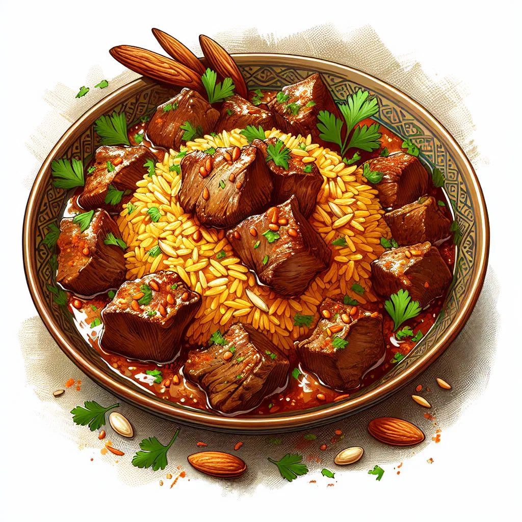 Machboos laham with spiced lamb over fragrant basmati rice