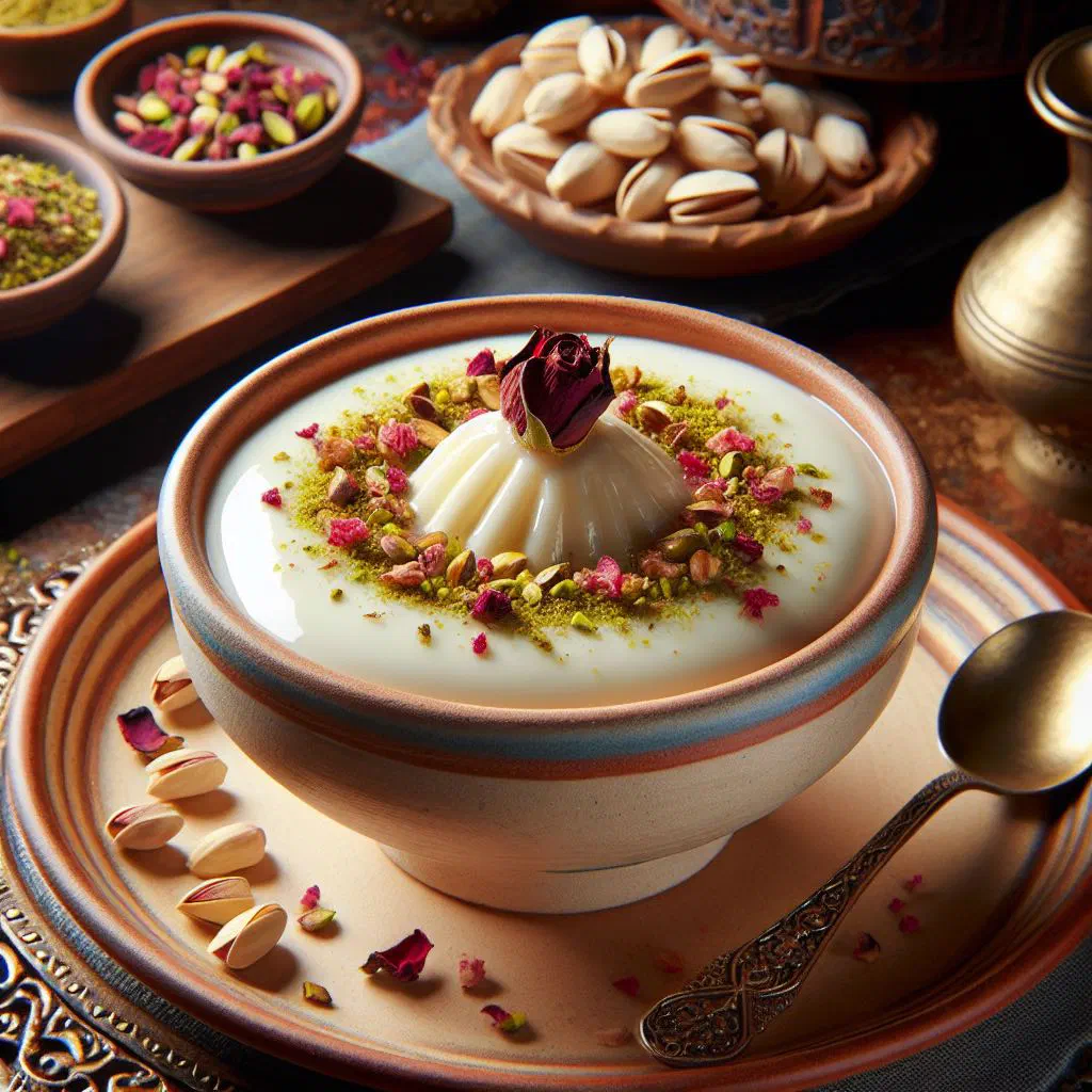 Creamy mahalabia milk pudding topped with chopped nuts in a dessert bowl
