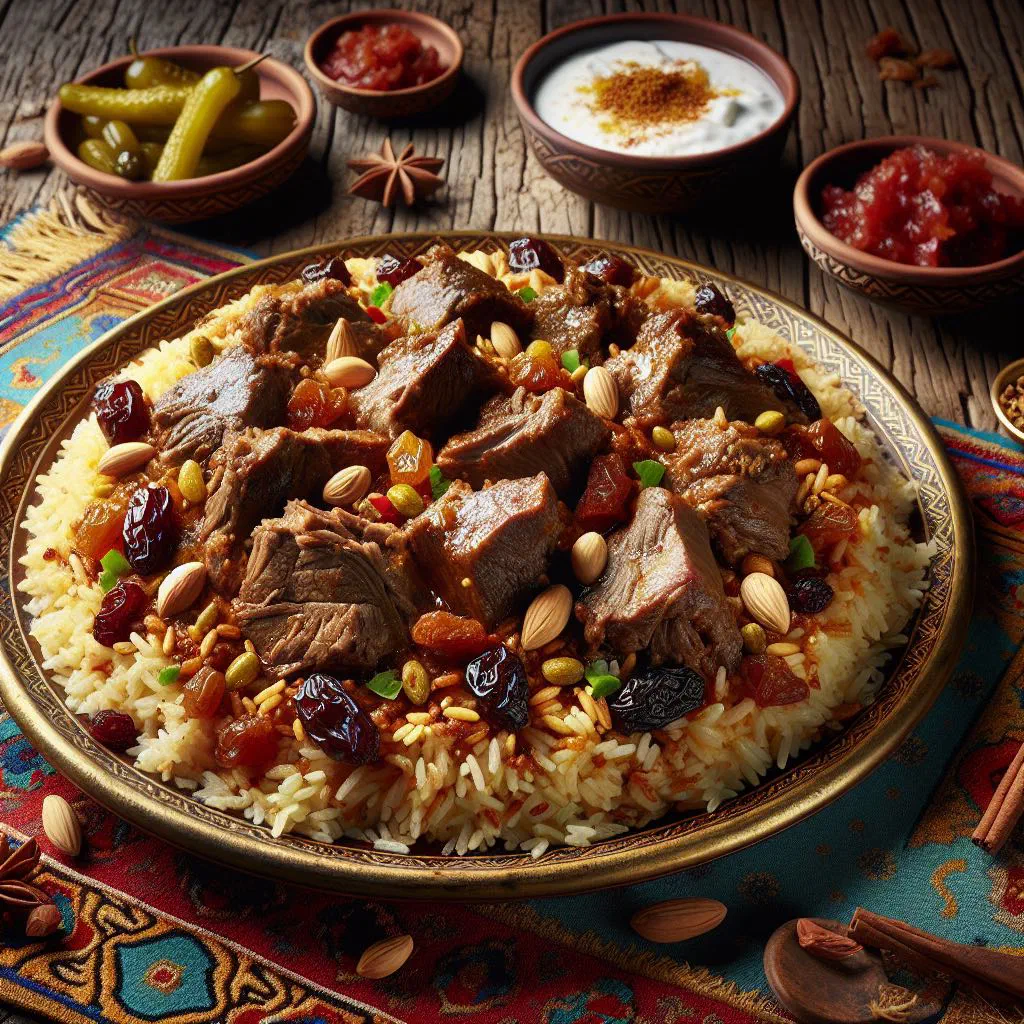 Fragrant spiced rice with tender lamb, garnished with fresh herbs