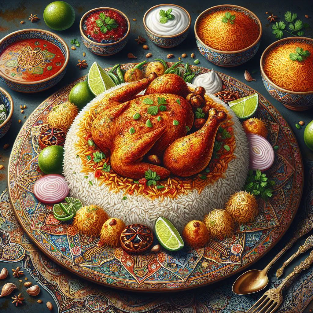 Spiced Qatari chicken and rice garnished with fresh herbs