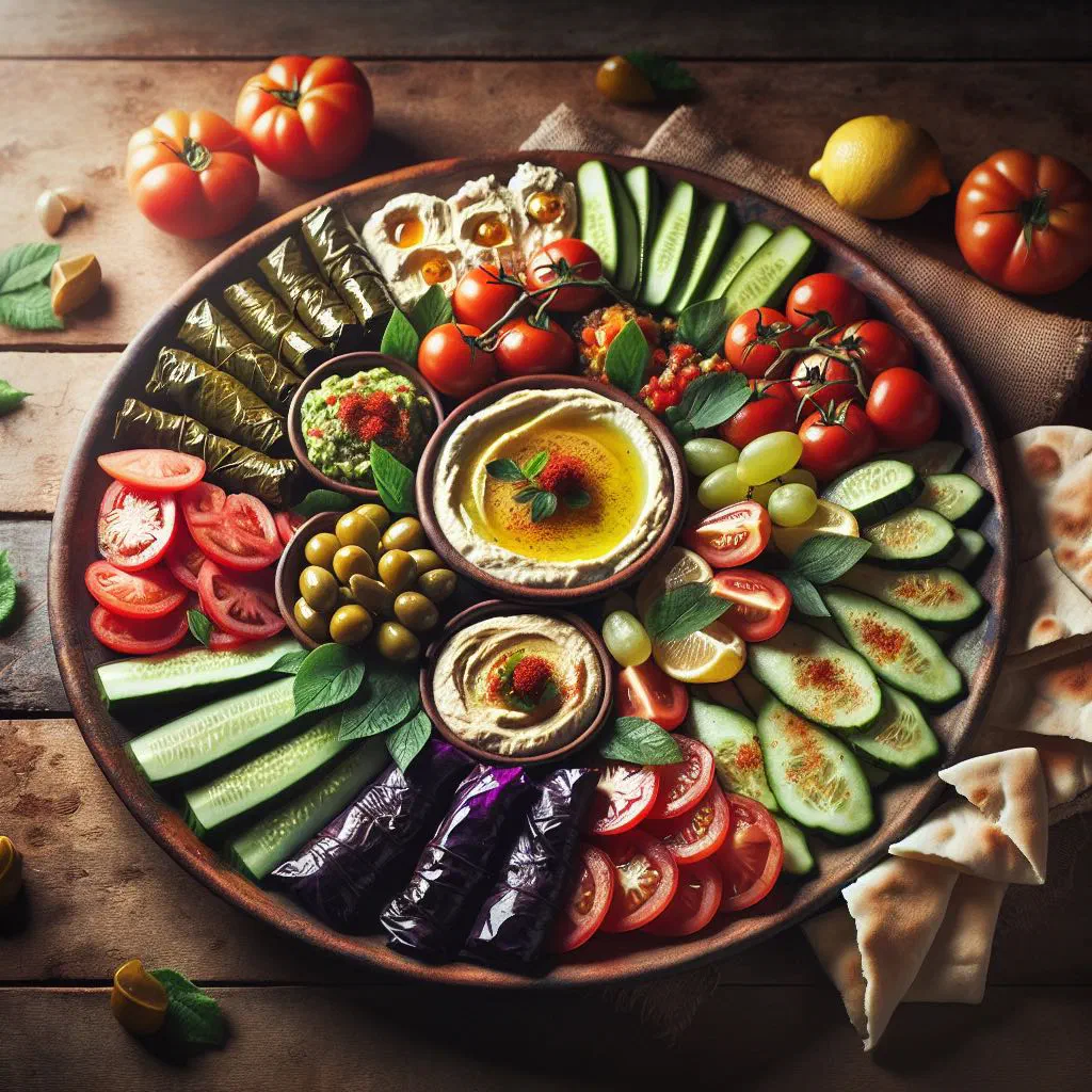 Mezze platter with hummus, falafel, baba ganoush and stuffed vine leaves
