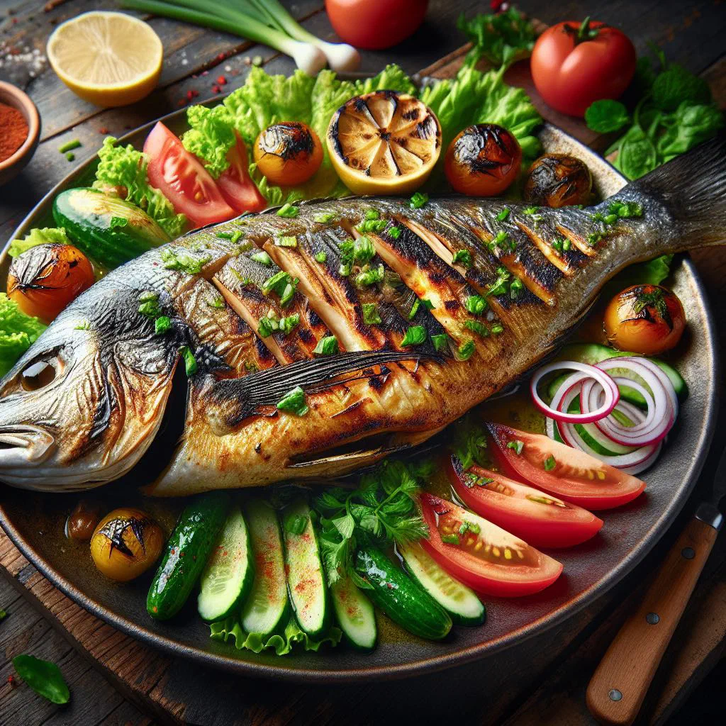 Whole grilled fish with lemon and fresh herbs on a platter