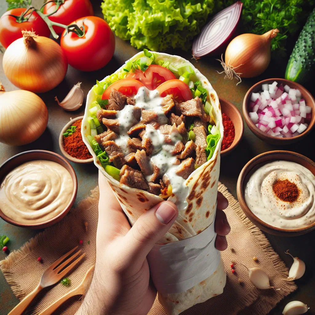 Chicken shawarma wrapped in warm flatbread with fresh vegetables