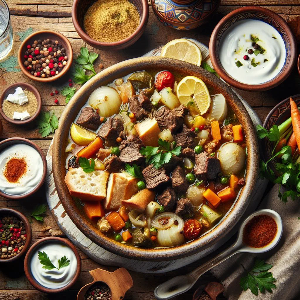Bowl of tashreeb with tender lamb and soaked flatbread in rich broth
