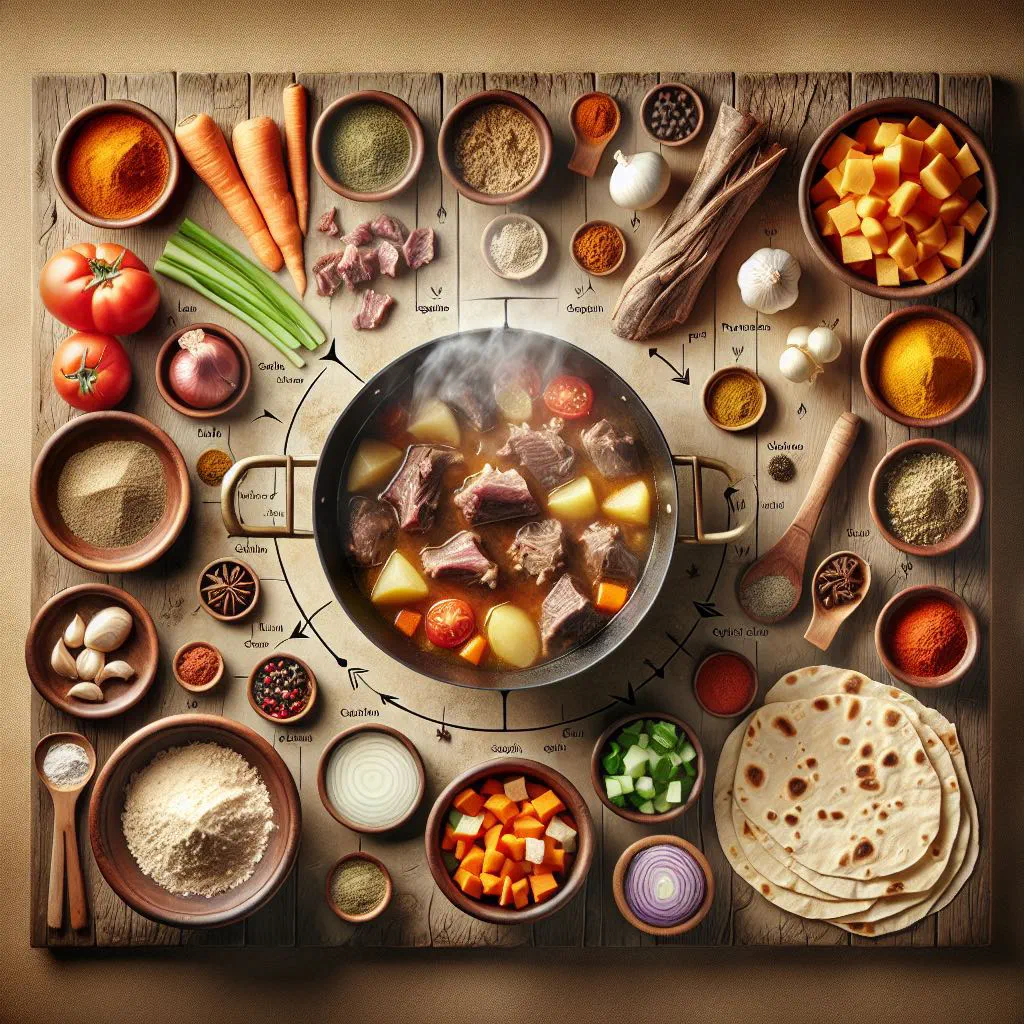 Thareed with tender meat and vegetables served over layered flatbread