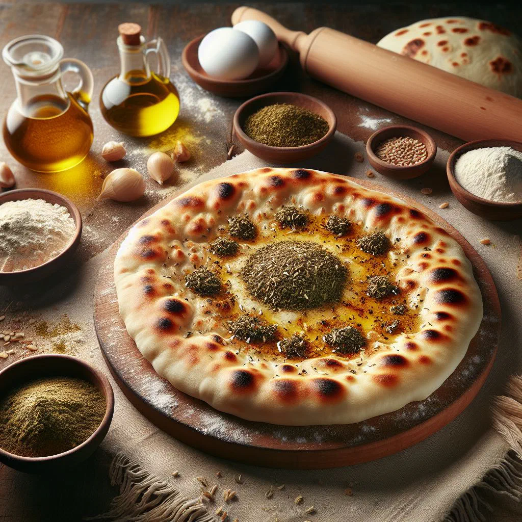 Freshly baked zaatar manakish flatbread drizzled with olive oil