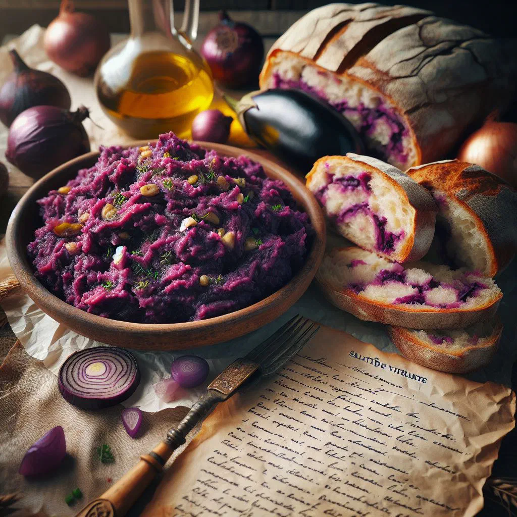 Creamy Romanian aubergine salad garnished with fresh herbs and served with bread