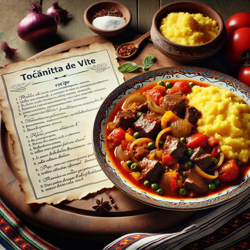 Romanian beef stew with a rich paprika sauce, garnished with fresh parsley