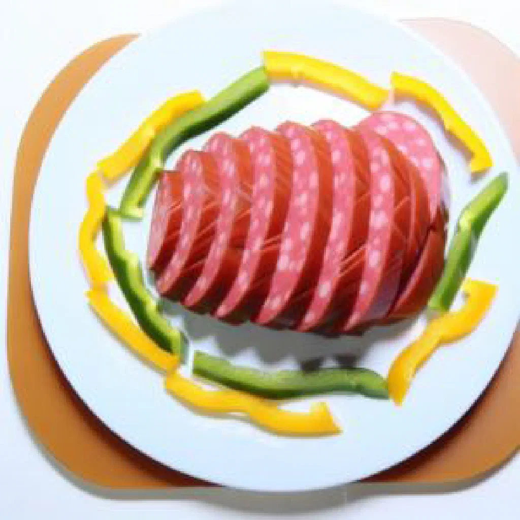 Sliced Caltabos sausage served with fresh herbs and red onion