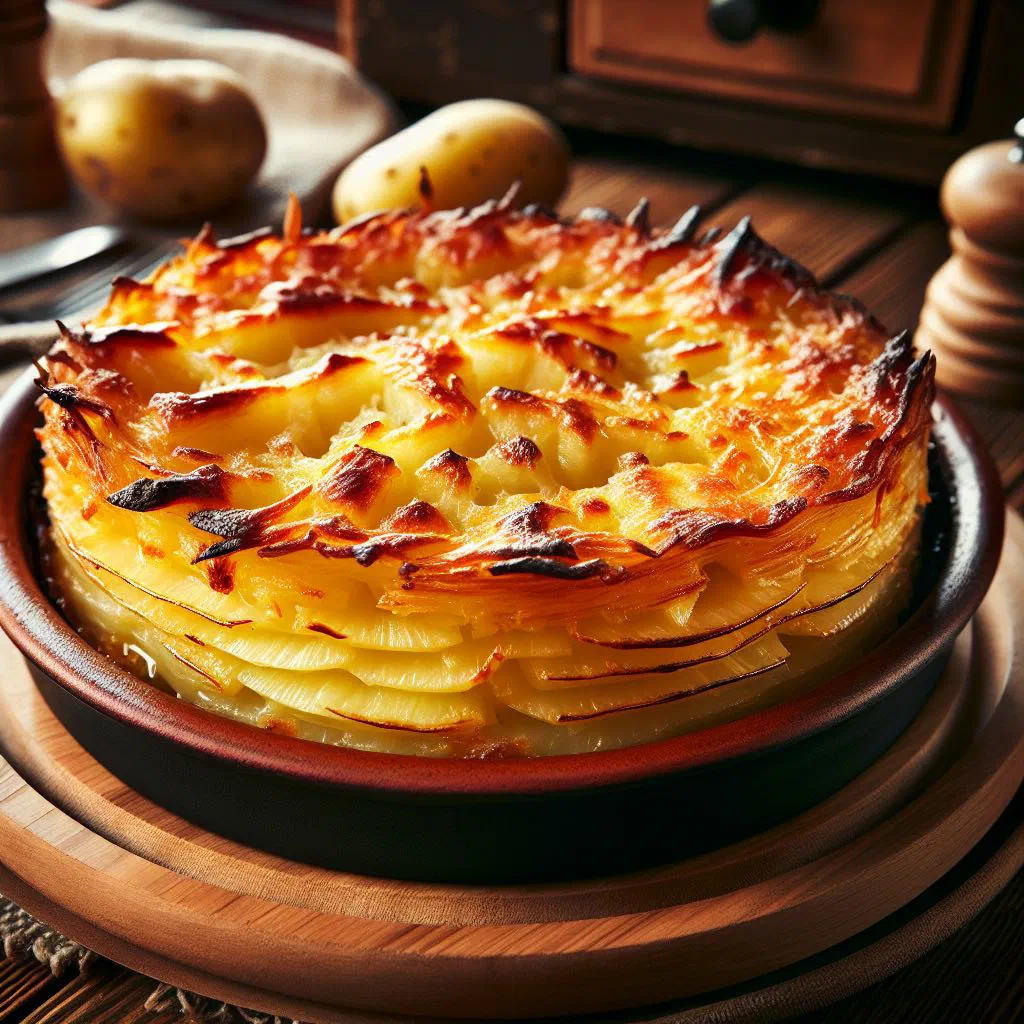 Golden baked Romanian potato gratin with a melted cheese crust