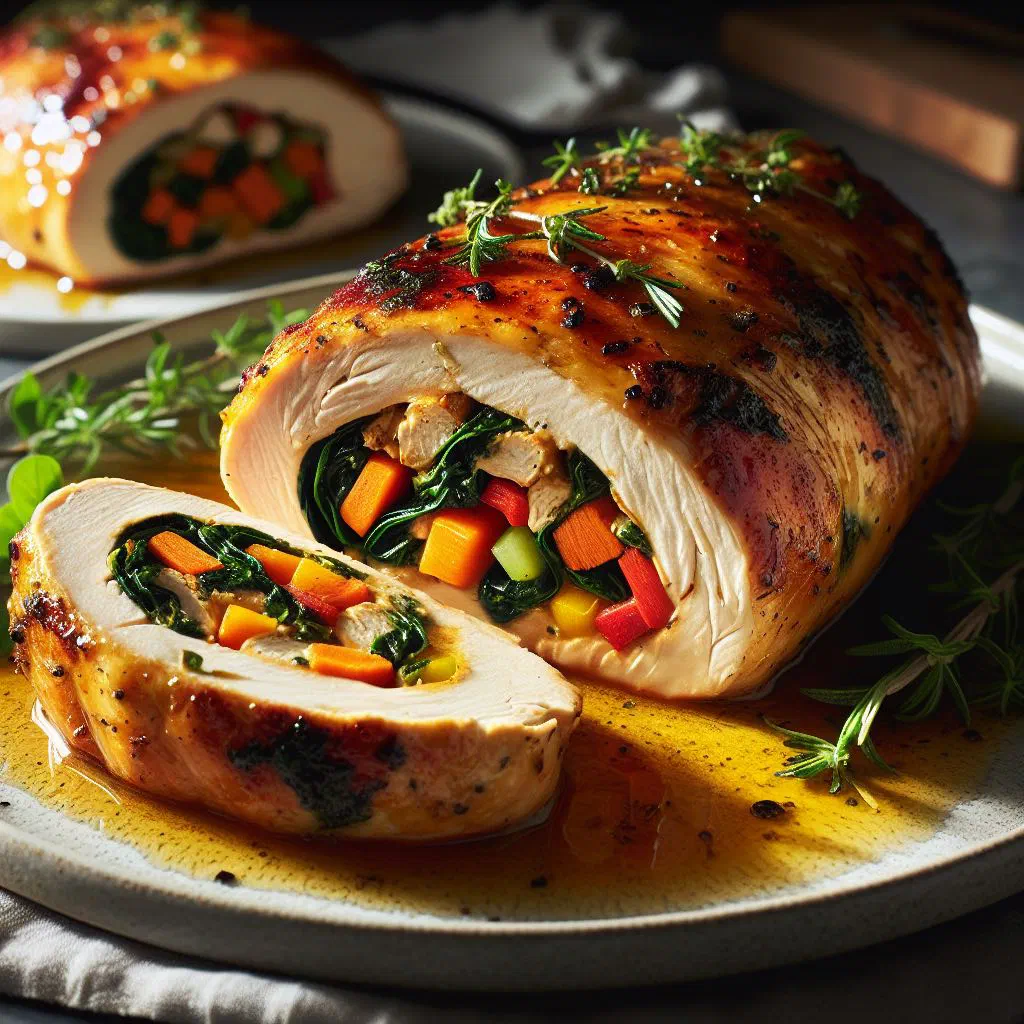 Sliced chicken roulade filled with colourful vegetables on a plate