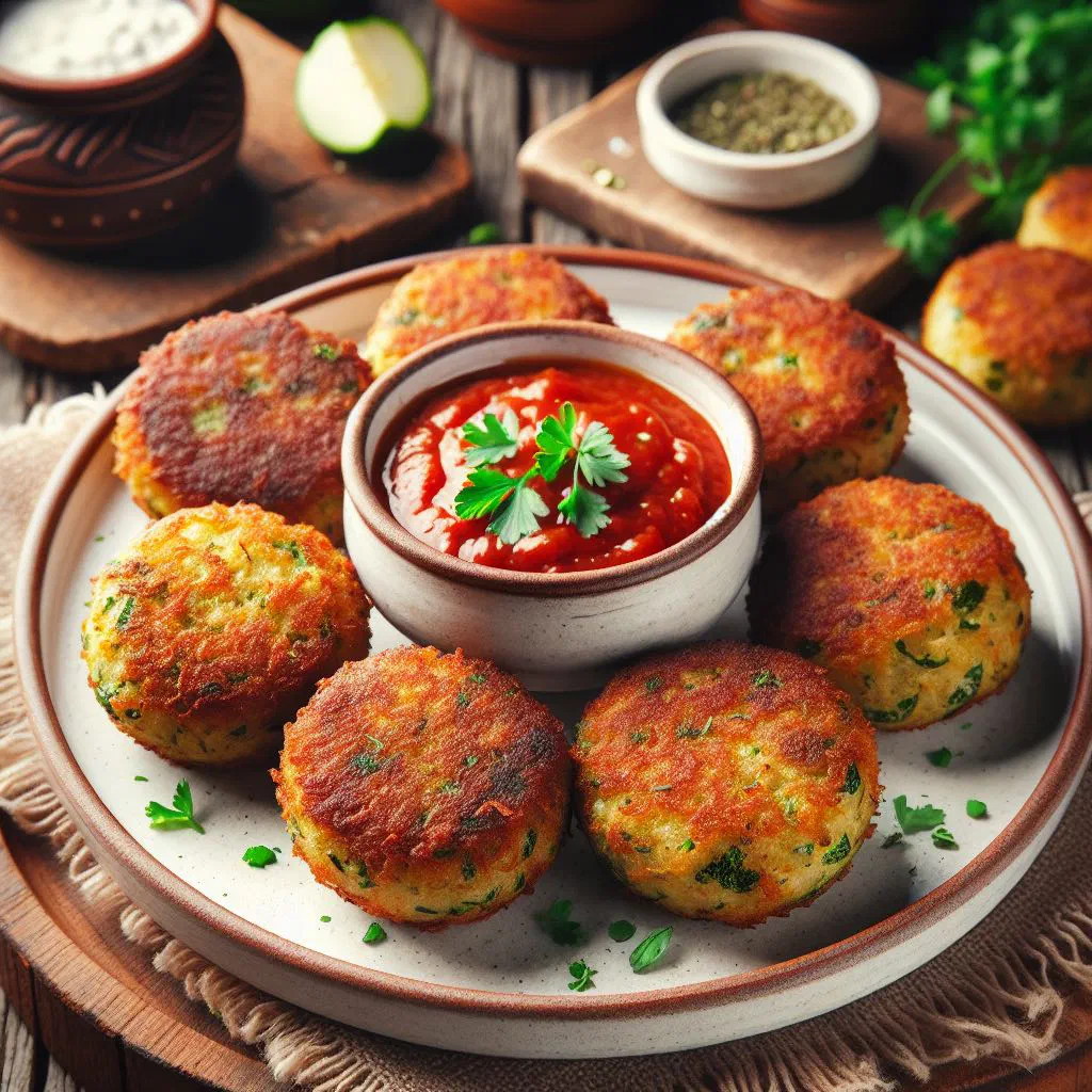Golden Romanian courgette fritters garnished with fresh dill