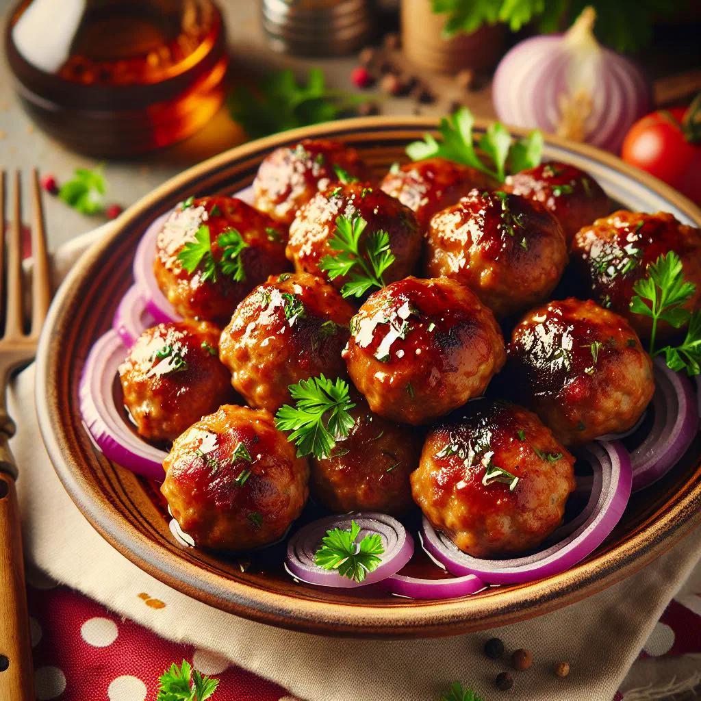 Marinated Romanian meatballs garnished with fresh parsley