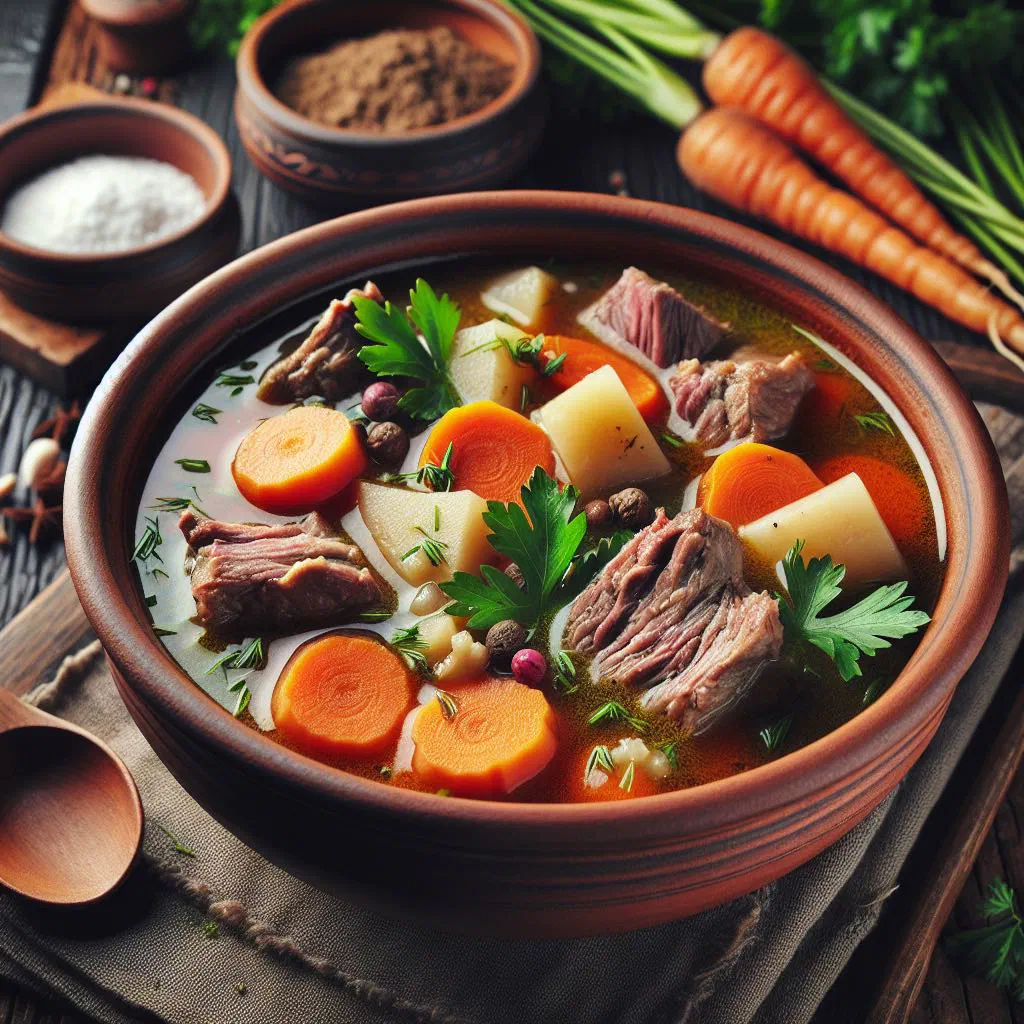 A bowl of Romanian lamb sour soup with fresh herbs and vegetables