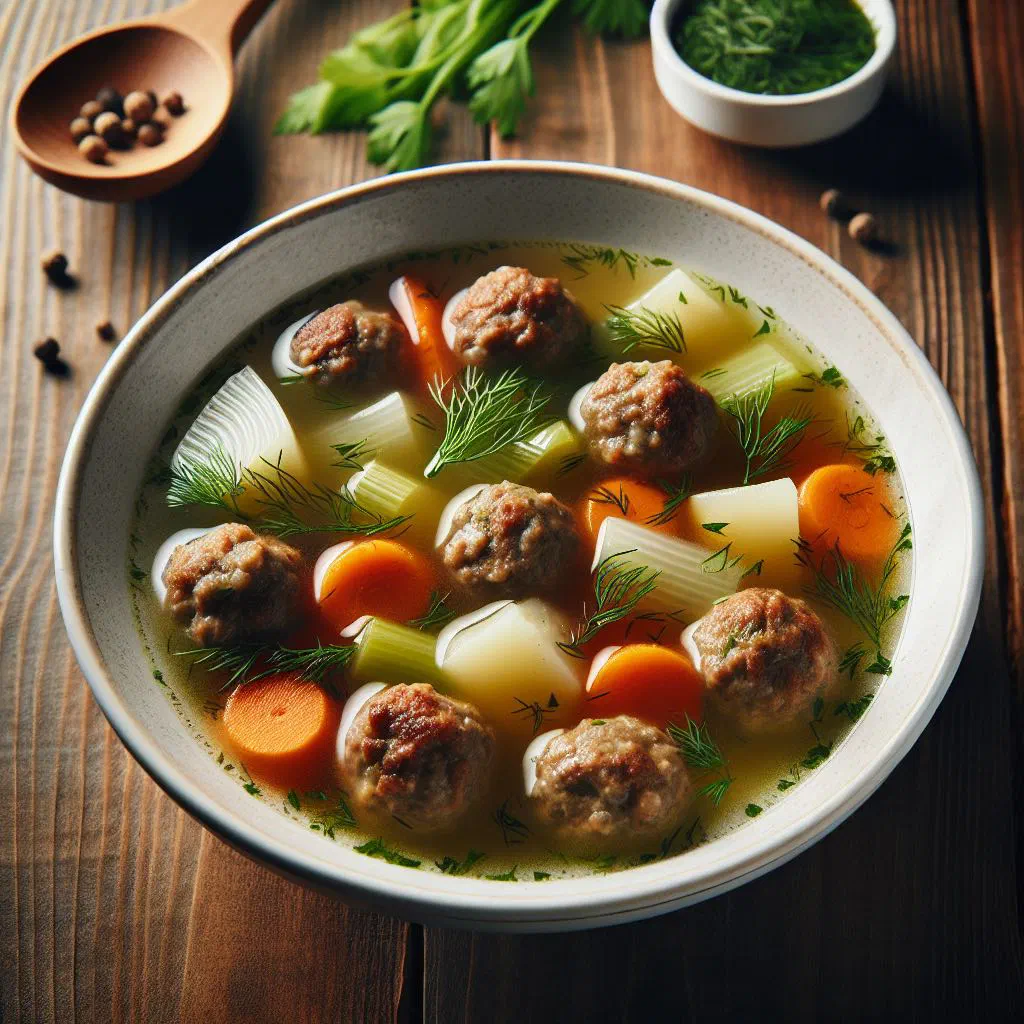 Bowl of ciorbă de perișoare with meatballs and vegetables