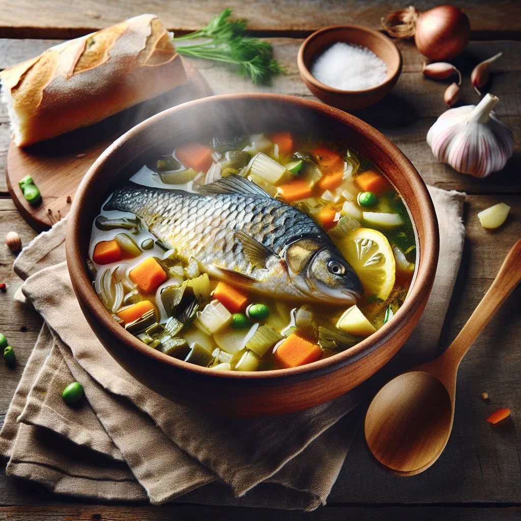 A steaming bowl of Romanian ciorbă de pește with fish, vegetables and fresh parsley
