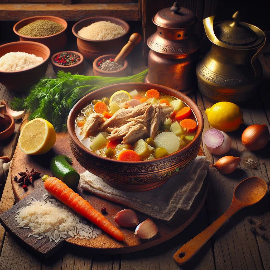 A bowl of Romanian ciorbă de pui with chicken, vegetables and fresh dill