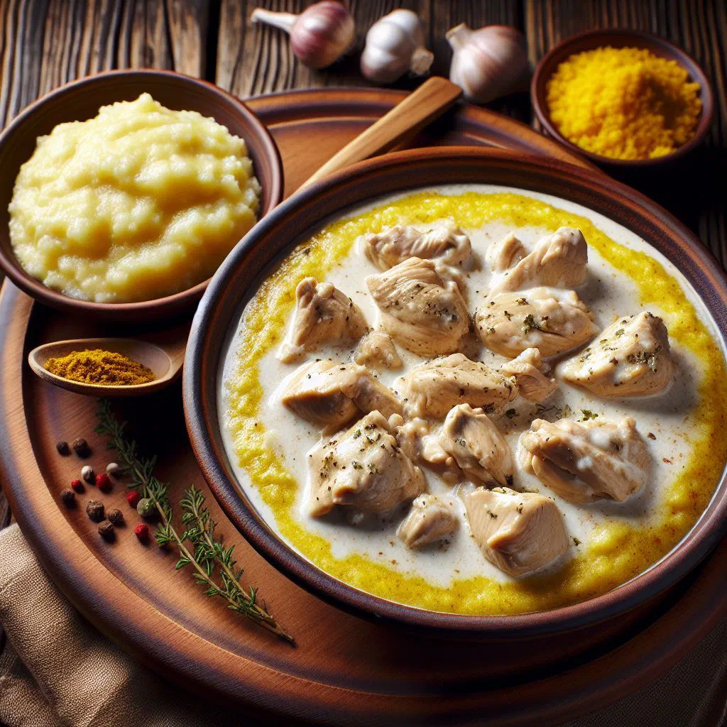 Creamy chicken ciulama served with golden mămăligă and fresh herbs