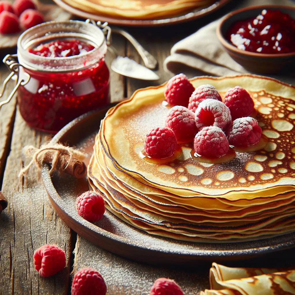 Thin rolled Romanian clătite pancakes dusted with icing sugar