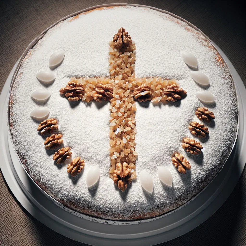 Coliva, a sweet Romanian wheat pudding topped with walnuts and chocolate decoration