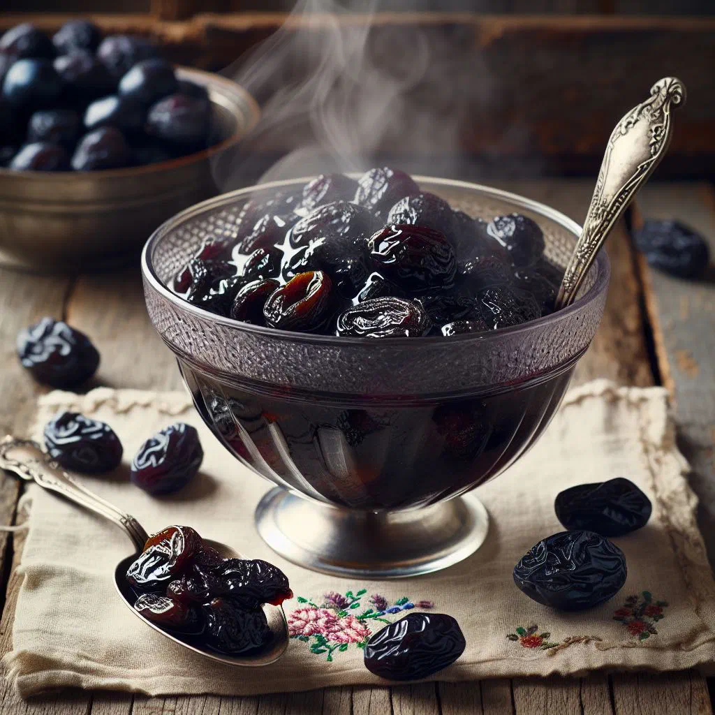 A glass bowl of Romanian plum compote with cinnamon and syrup
