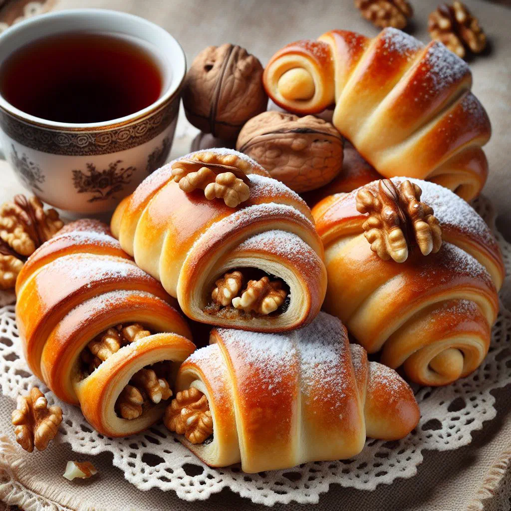 Crescent-shaped Romanian walnut pastries dusted with icing sugar