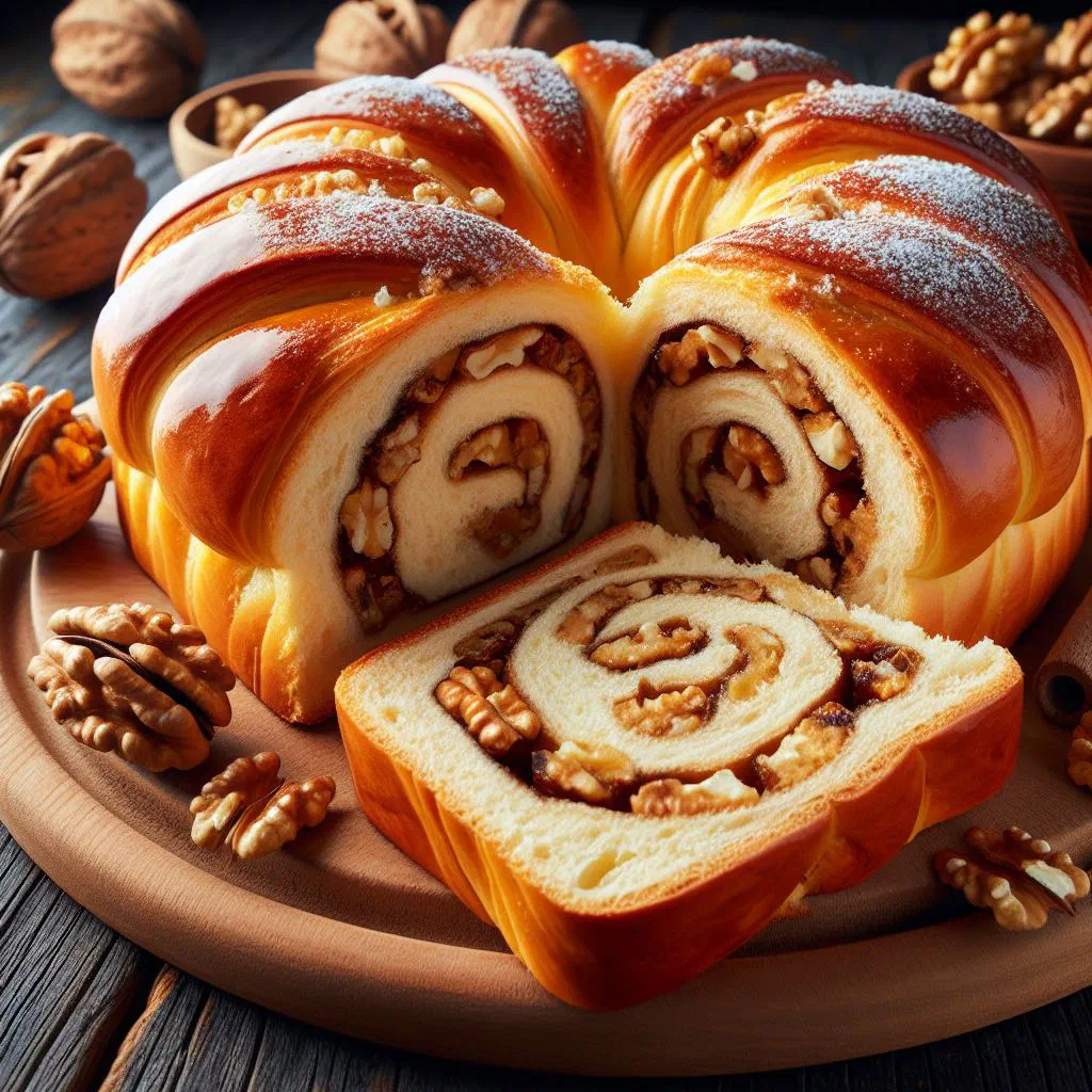 Sliced cozonac cu nucă showing the swirled walnut filling