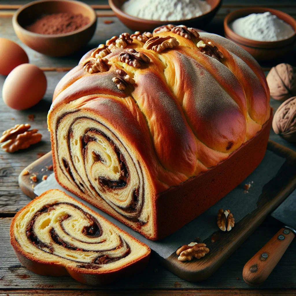 Sliced cozonac loaf revealing a swirl of walnut and cocoa filling