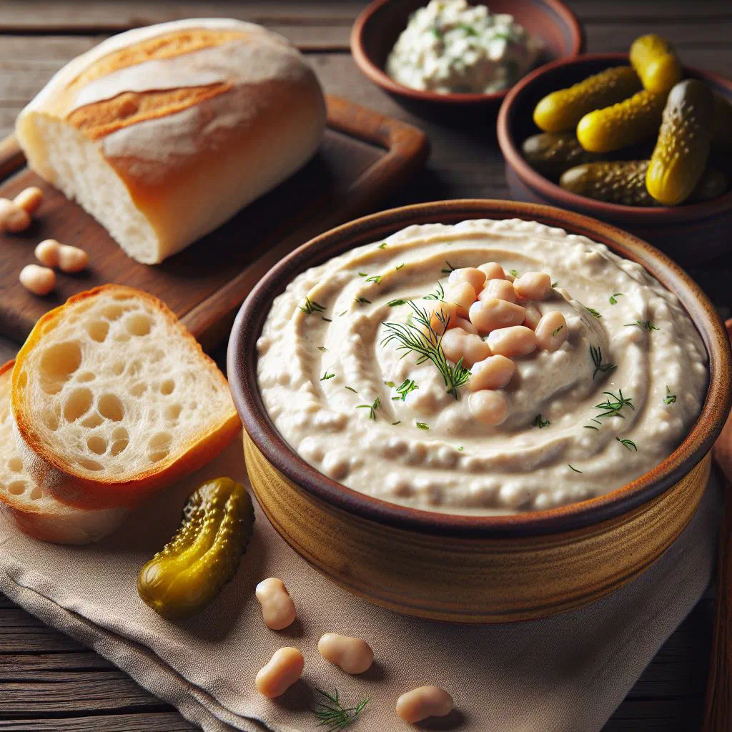 Bowl of creamy white bean purée topped with olive oil and served with bread