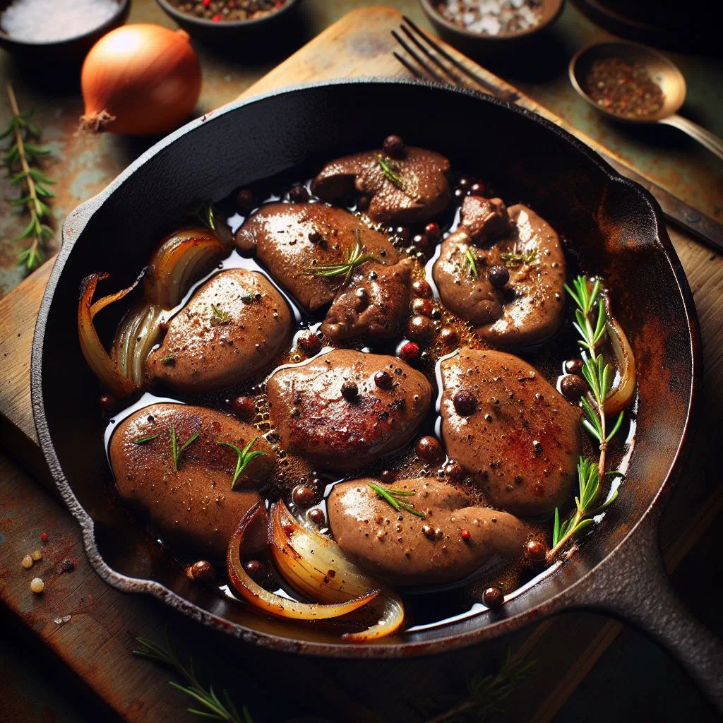 Pan-fried chicken livers with golden onions and fresh parsley