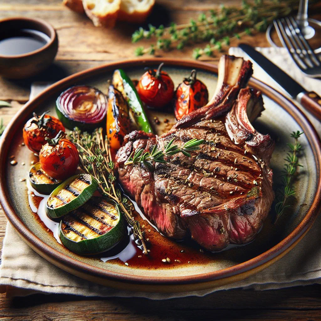 Roast leg of lamb with herbs, garlic and lemon on a serving platter