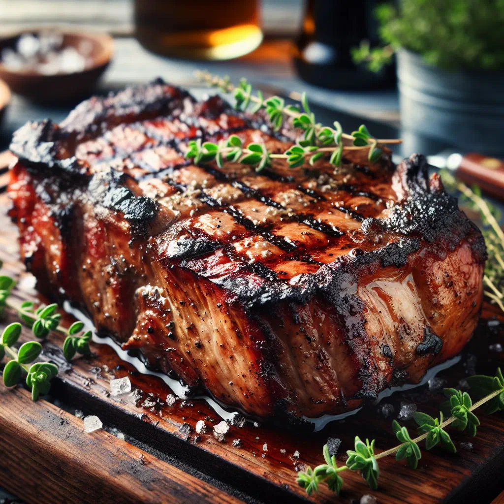 Grilled marinated pork with a golden crust, garnished with fresh herbs