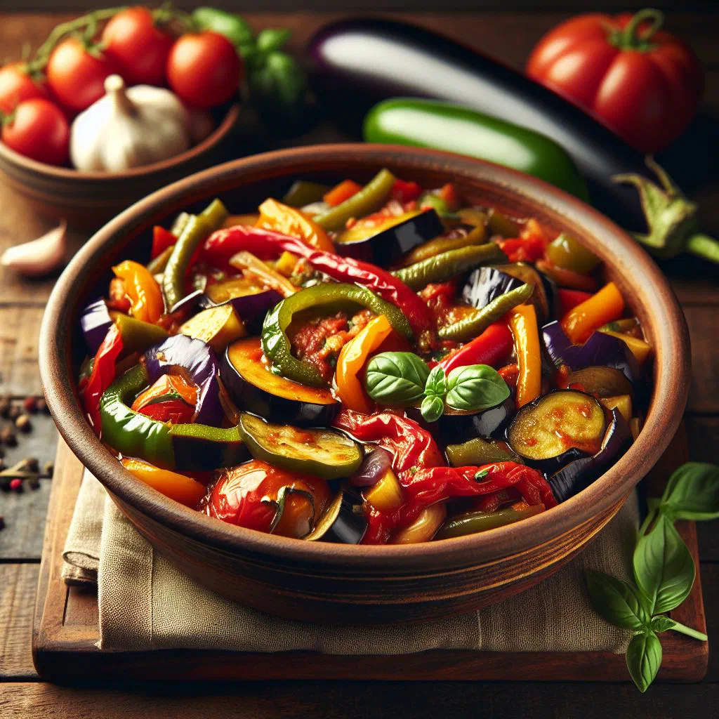 Colourful Romanian ghiveci de legume vegetable stew garnished with fresh herbs