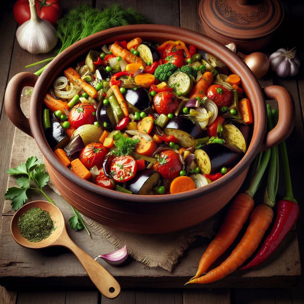 Colourful Romanian ghiveci vegetable stew garnished with fresh herbs