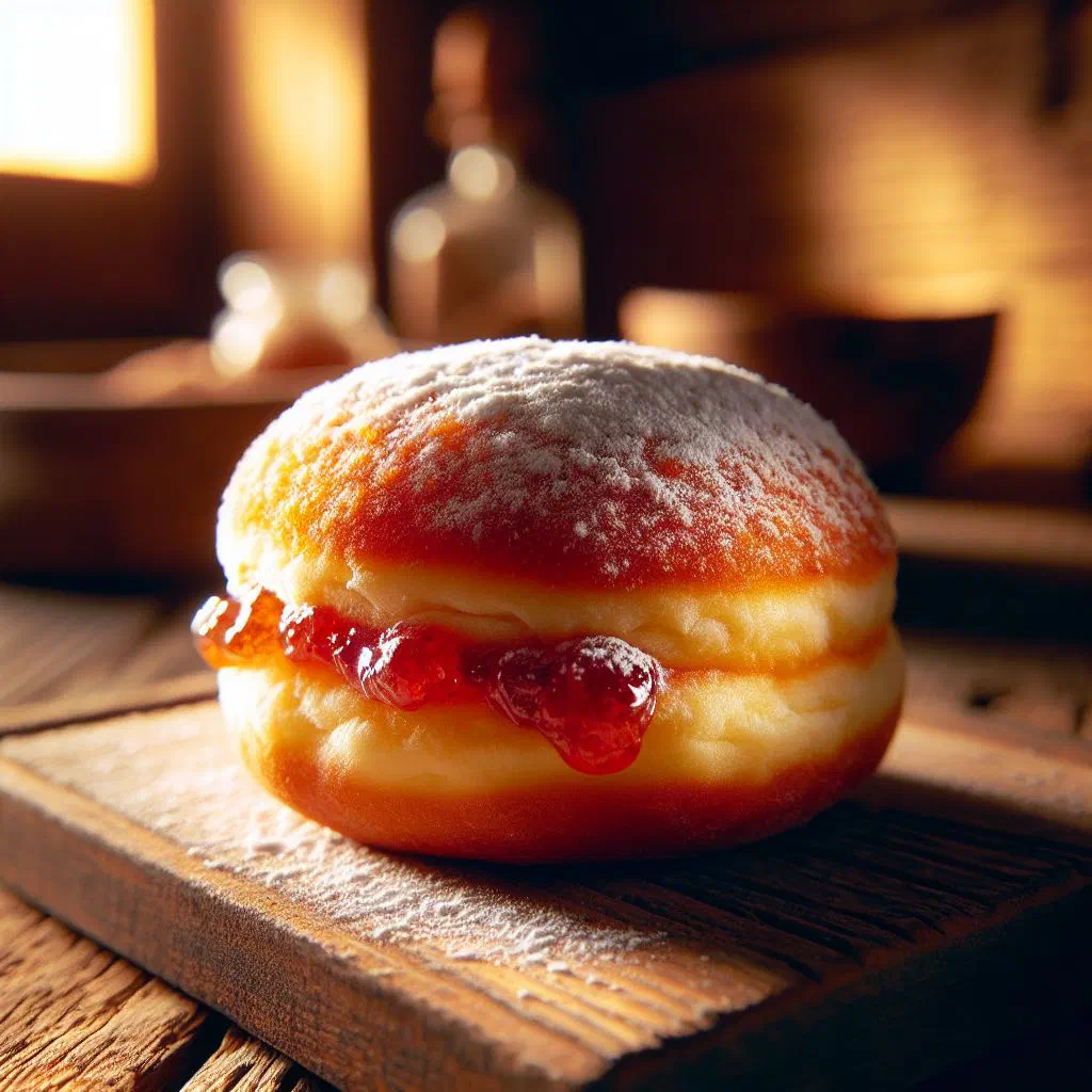 Golden fried gogoși dusted with icing sugar on a plate