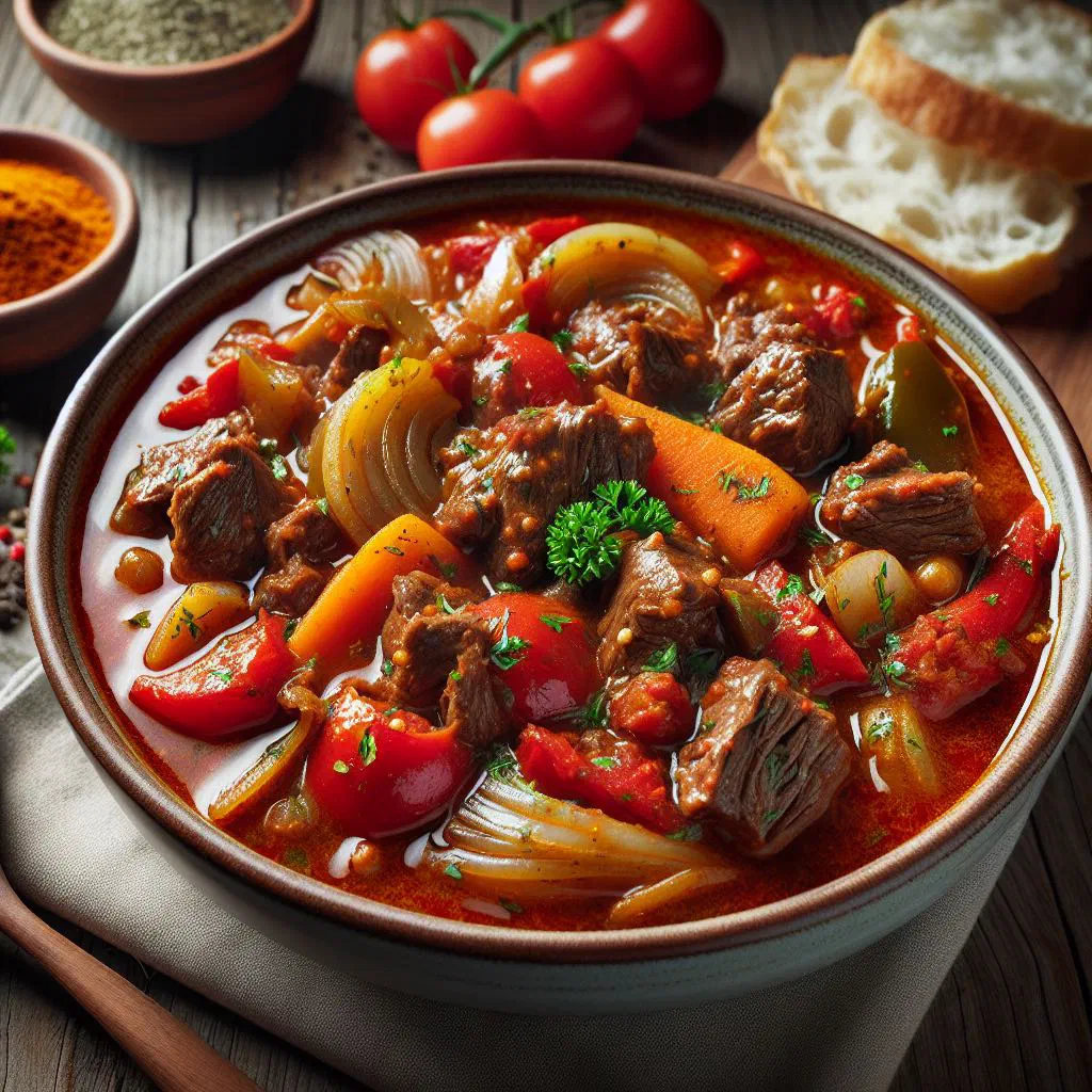 Bowl of Romanian beef goulash with rich paprika sauce