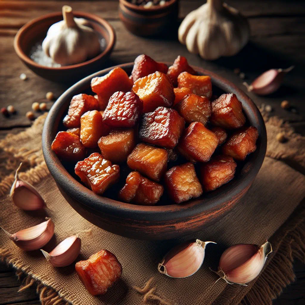 Golden, crispy Romanian jumări pork cracklings served on a wooden board