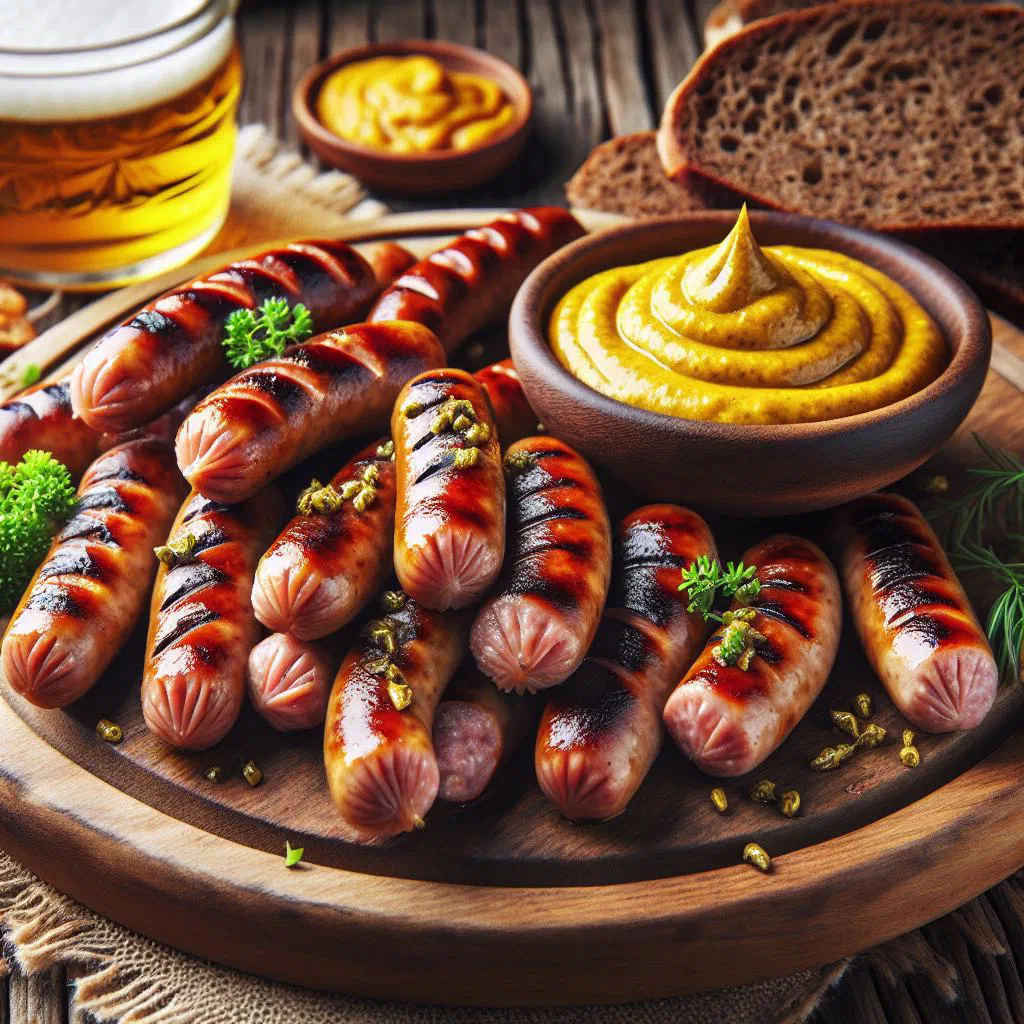 Grilled mititei sausages served with mustard and fresh bread