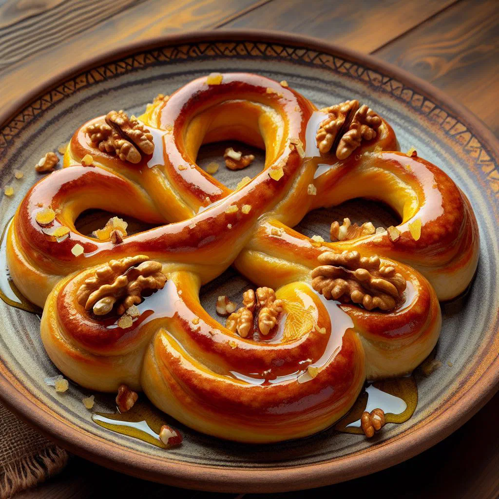 Figure-of-eight sweet dough buns topped with walnuts, honey and cinnamon