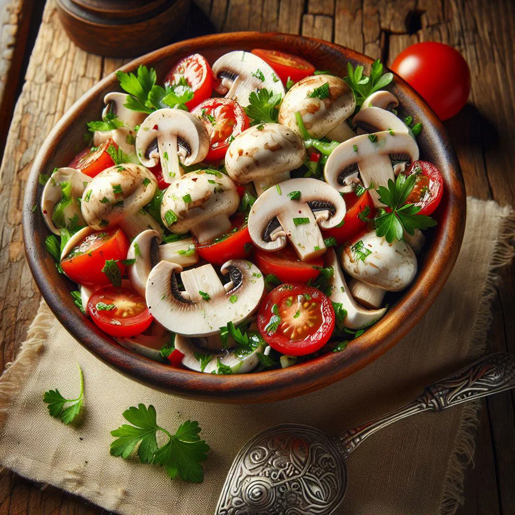 Fresh mushroom salad with onions and herbs in a bowl
