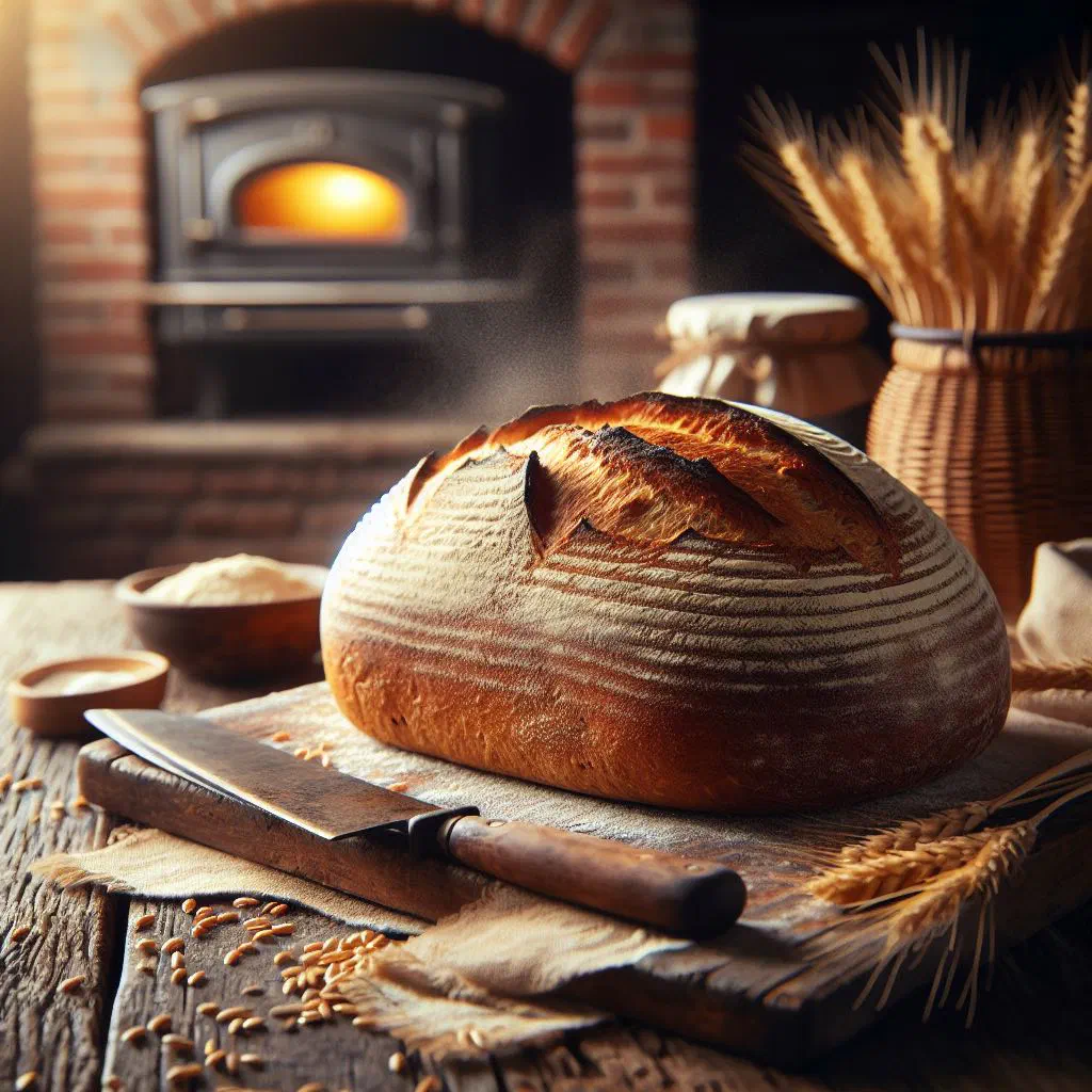 Round loaf of Romanian homemade bread with a golden, crusty top