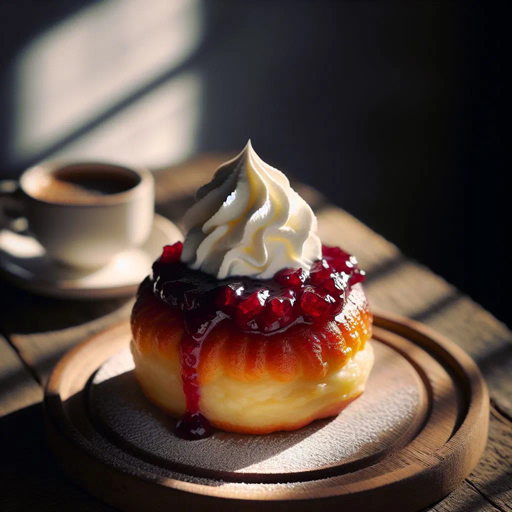 Golden fried papanași topped with soured cream and fruit jam
