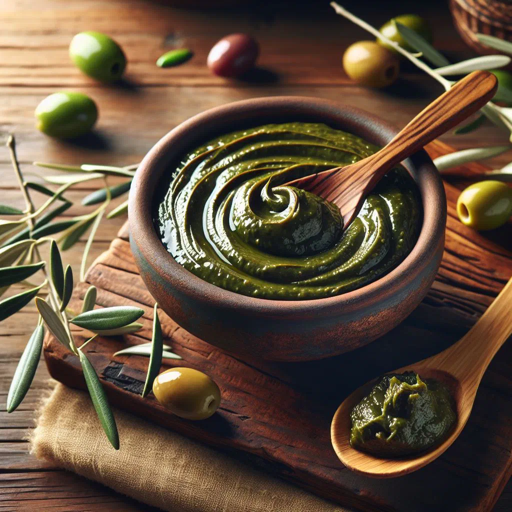 Bowl of Romanian black olive paste served with fresh bread
