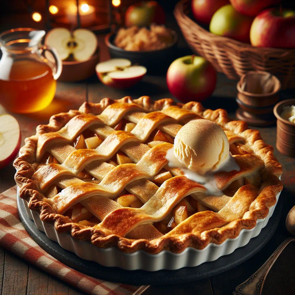 Golden Romanian apple pie cut into squares and dusted with icing sugar